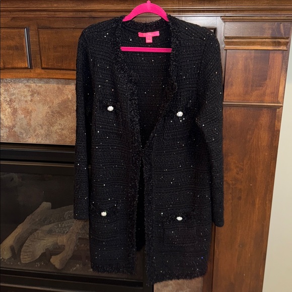 Lilly Pulitzer Amal Metallic Black Open Longer Cardigan rhinestone buttons XL - Picture 3 of 14